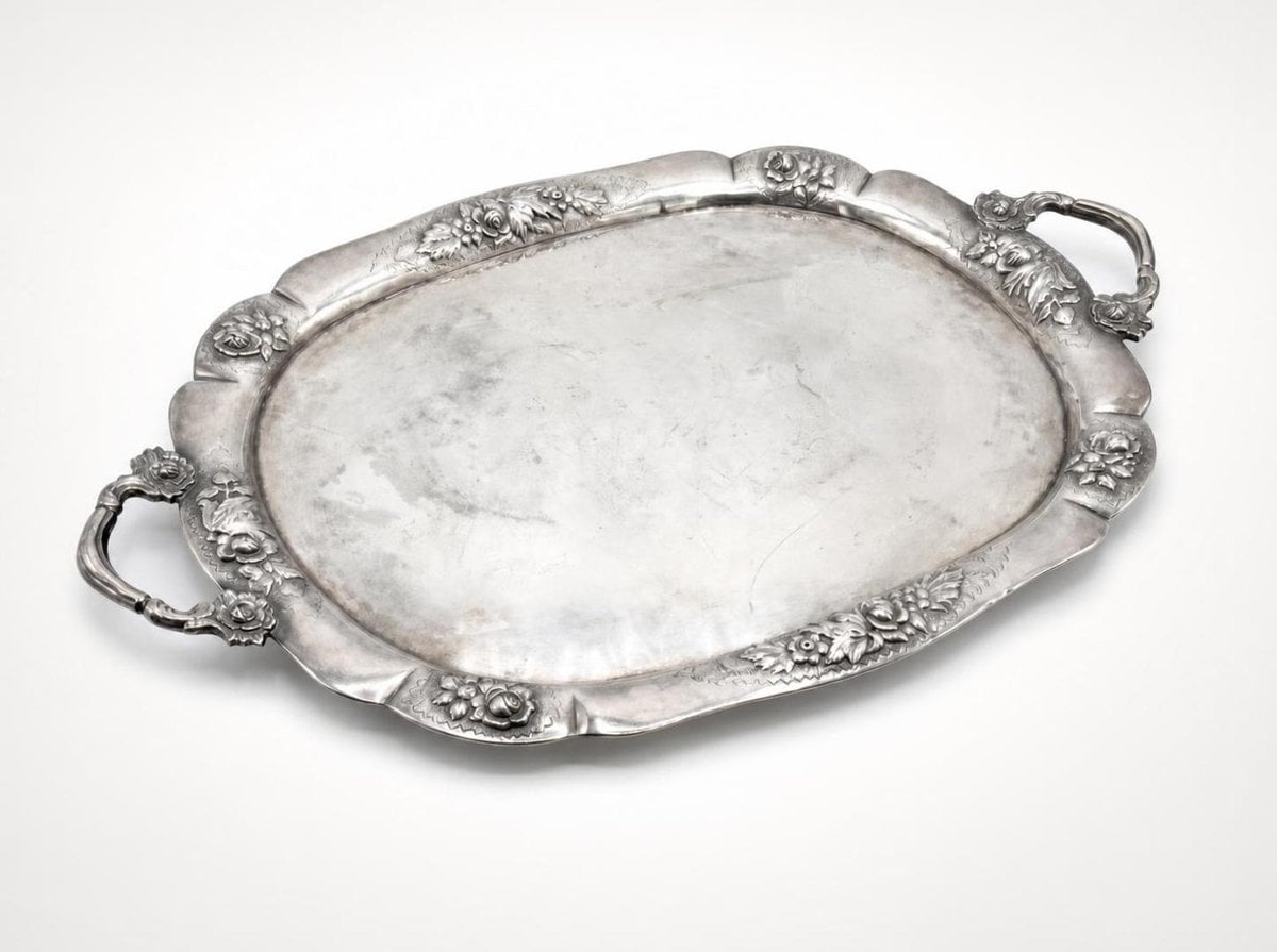 Colossal sterling silver Aztec Rose handled tray, over four thousand grams