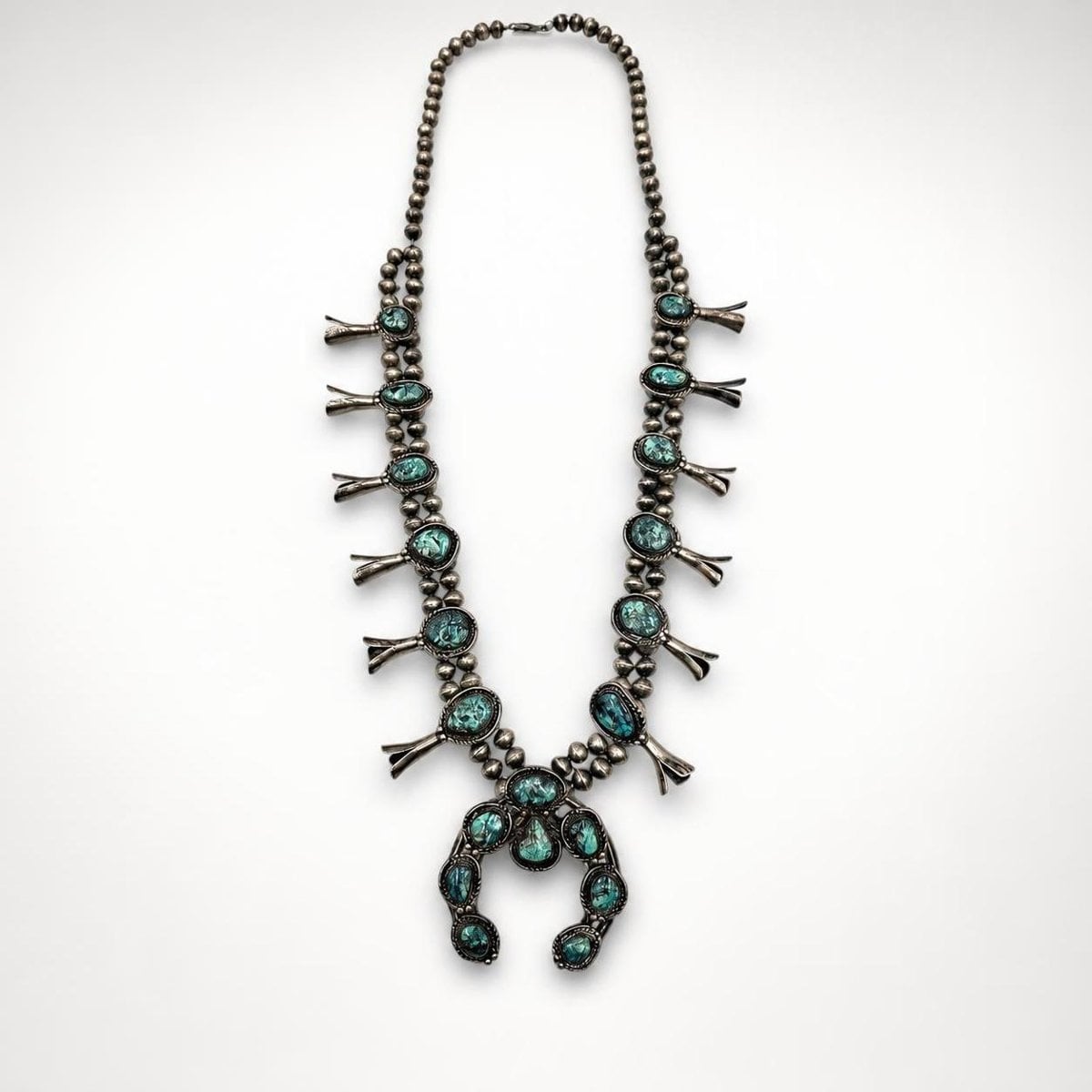 Southwest sterling silver and turquoise squash blossom necklace